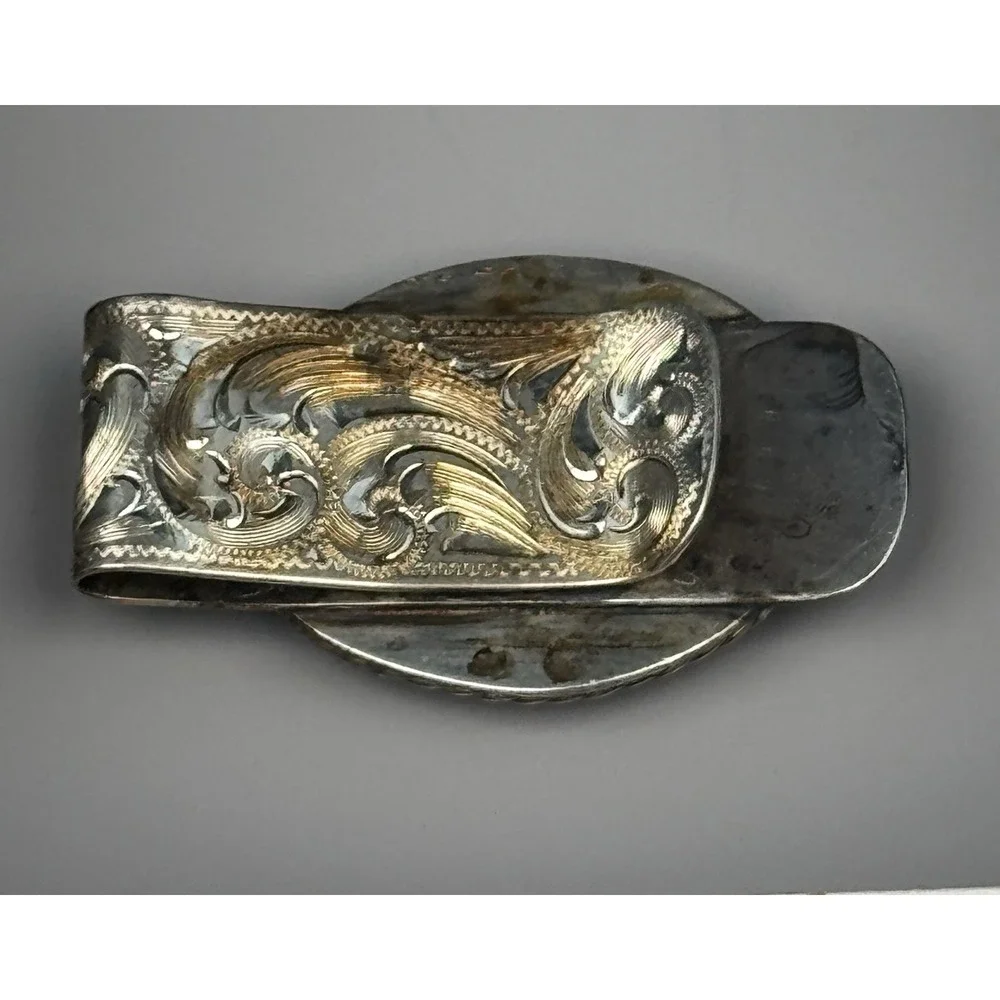 Sterling Silver Black Onyx Money Clip Vintage Hand Engraved Western 45.7g